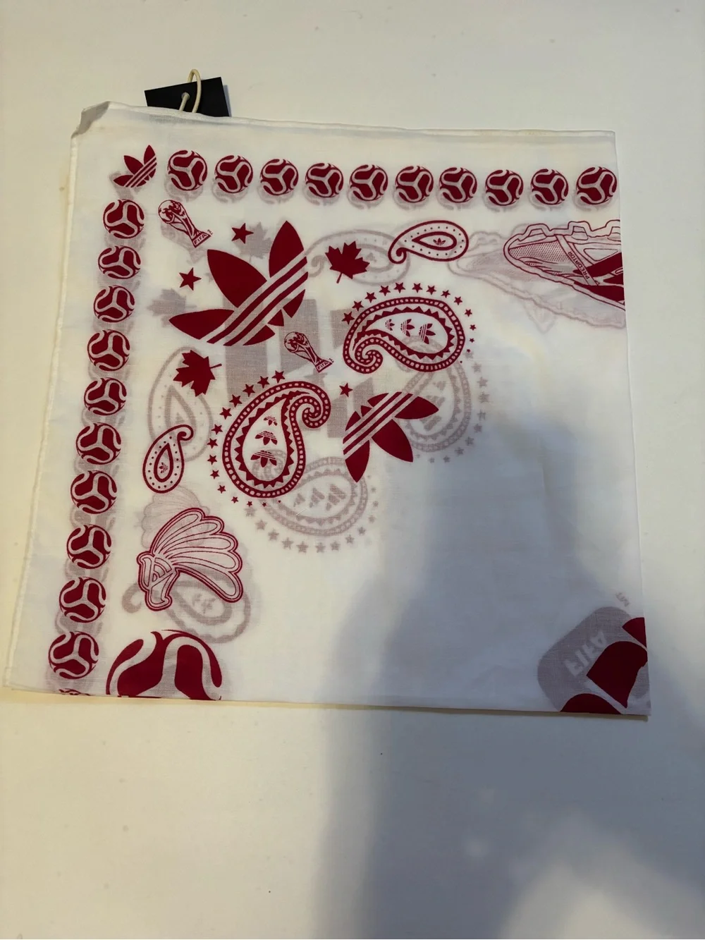 adidas FIFA White Nations Bandana with Red Paisley and Sports Motifs